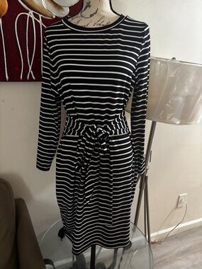 SHEIN Black & White Striped Long-Sleeve Tie-Waist Dress